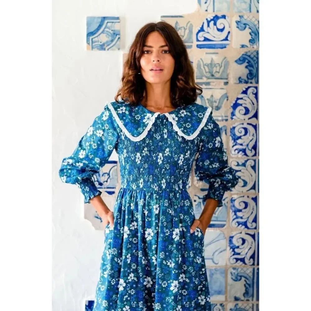 Pink city Prints Isabel Olive Smocked Bodice Cotton Dress XS/2